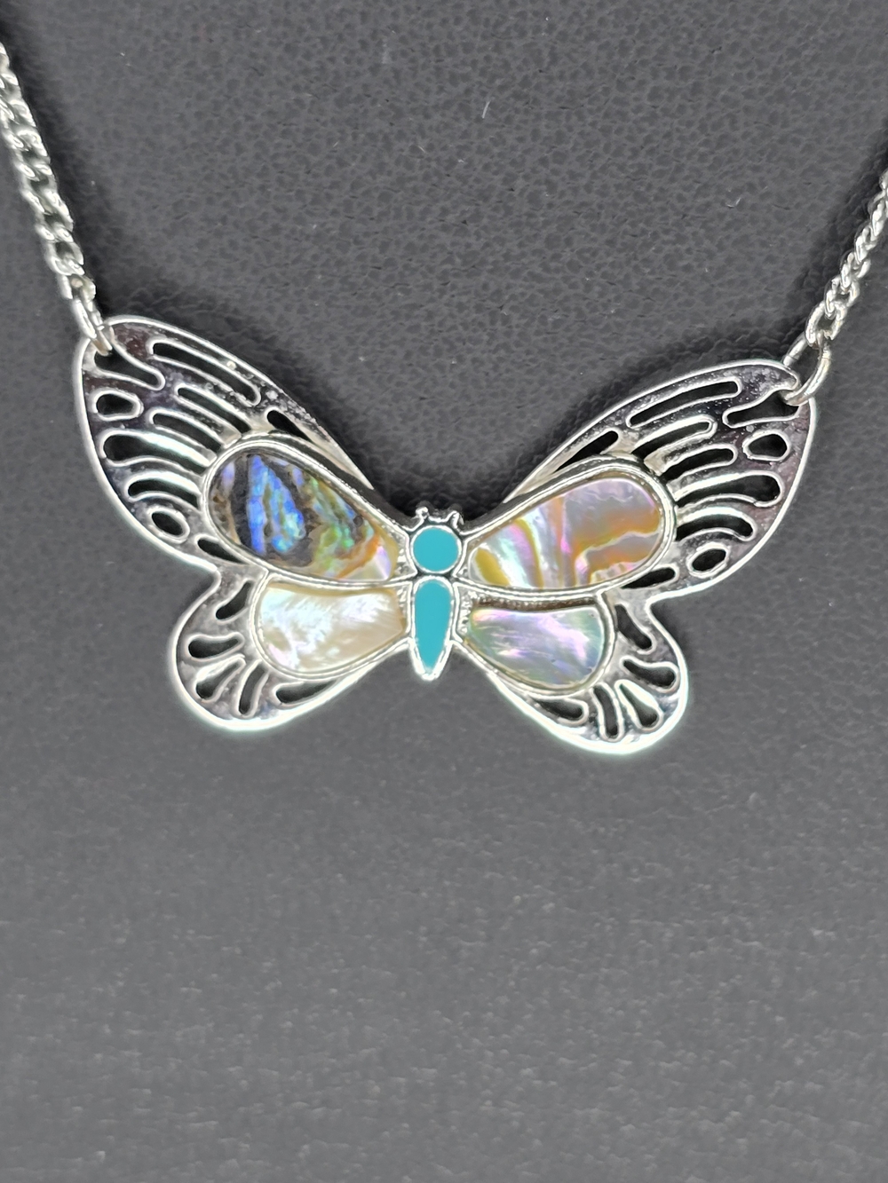 Iridescent Abalone Butterfly Necklace with Turquoise Accent